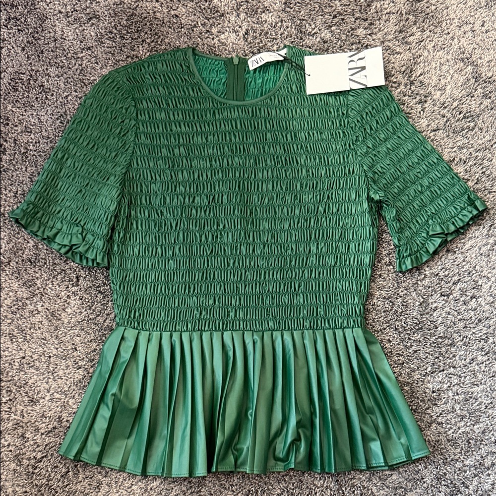 Zara Emerald Green Smocked Peplum Top